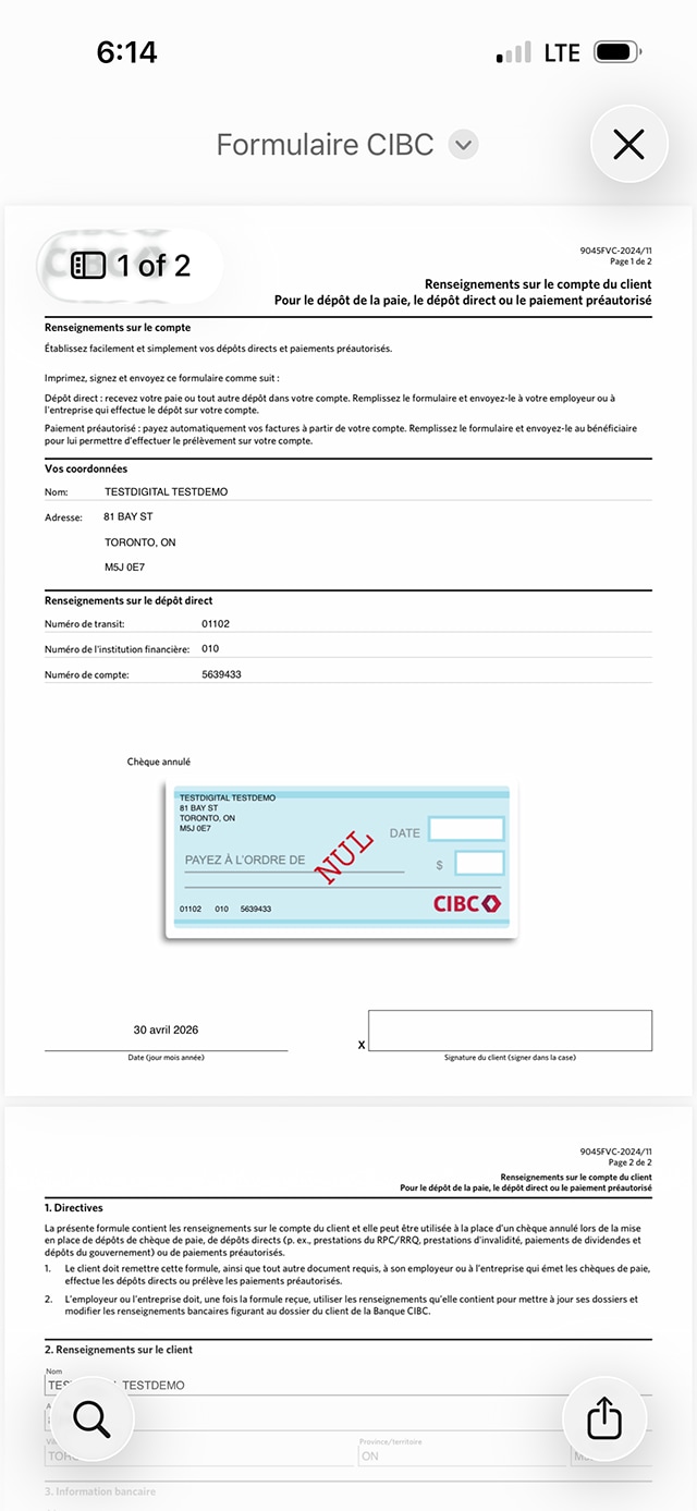 Écran de démonstration 6 : PDF Chèque annulé et formulaire pour le dépôt direct. Aucune animation dynamique.