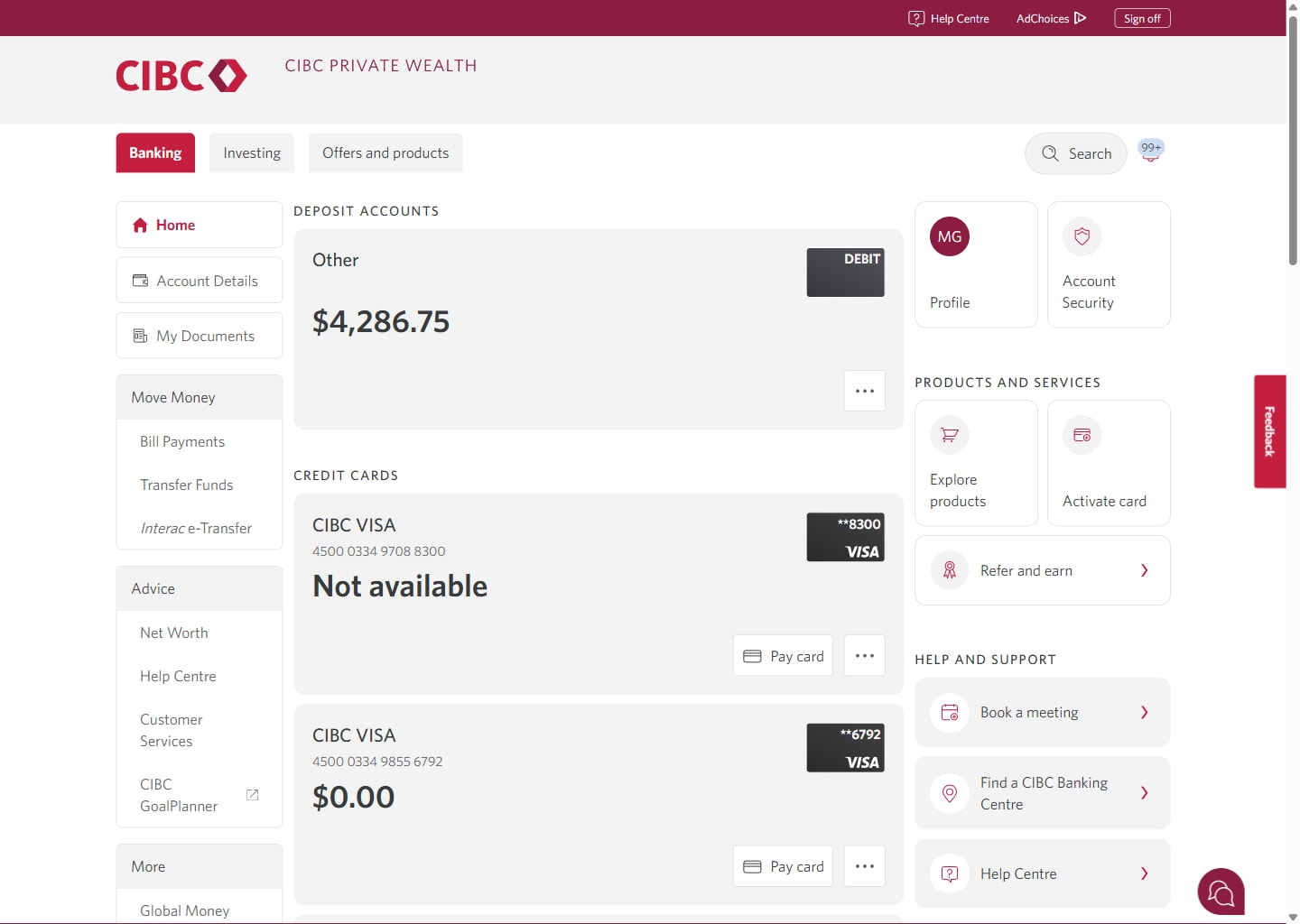 Demo screen 2: CIBC Online Banking accounts page. A pulsing animation highlights the "Interac e-Transfer" link.