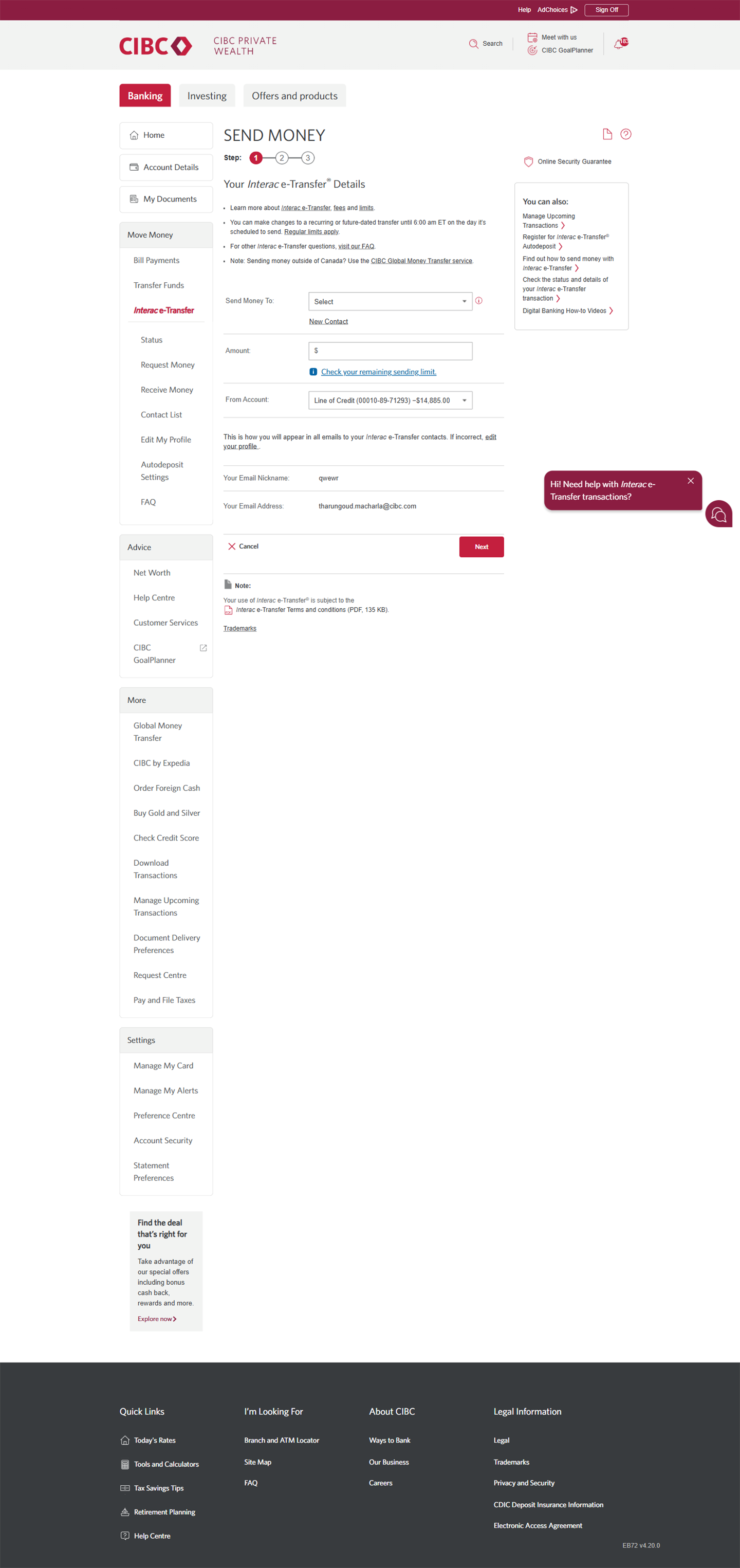 Demo screen 3: CIBC Online Banking send money page. A pulsing animation highlights the "Autodeposit Settings" link.
