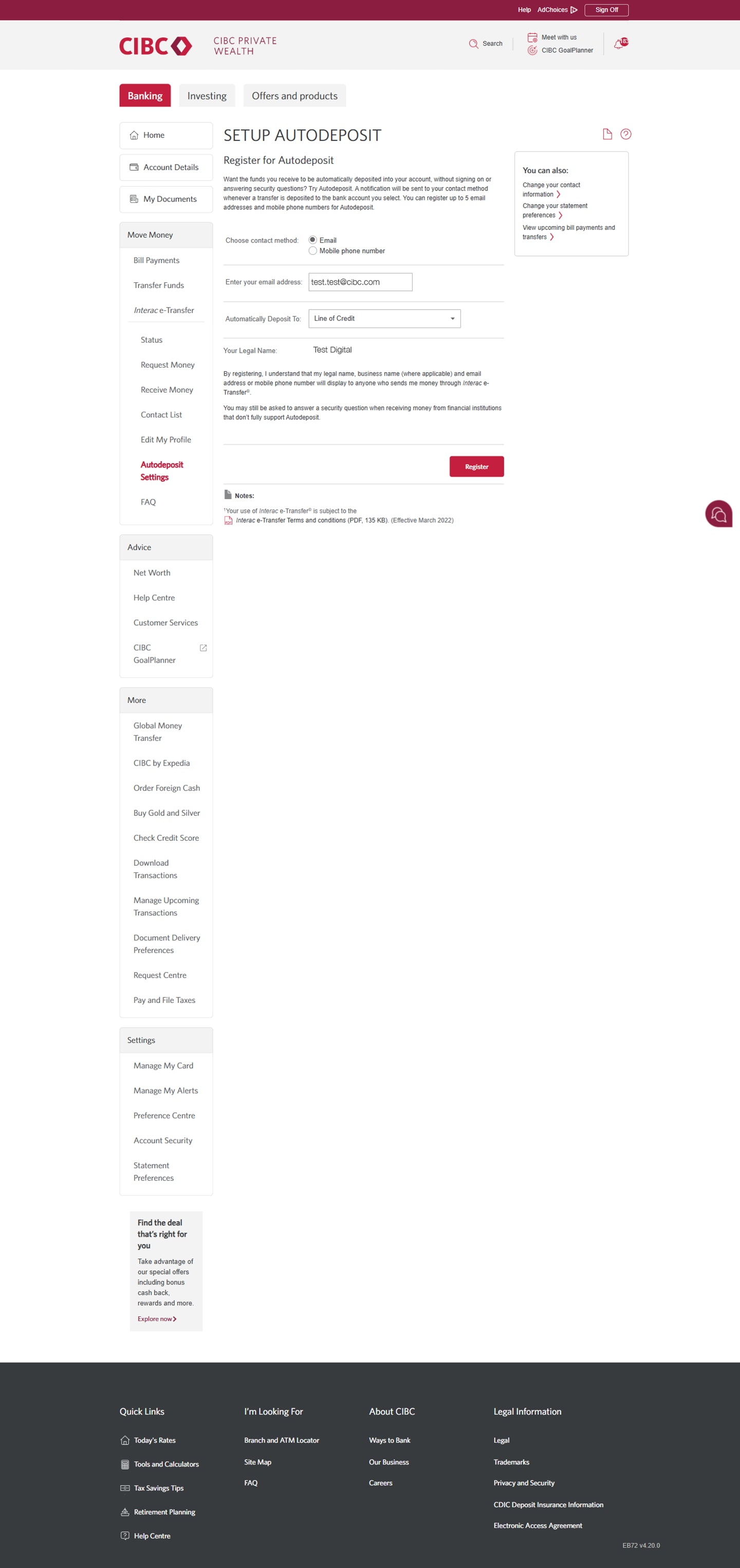 Demo screen 4: CIBC Online Banking setup auto deposit page. A pulsing animation highlights the "Register" button.