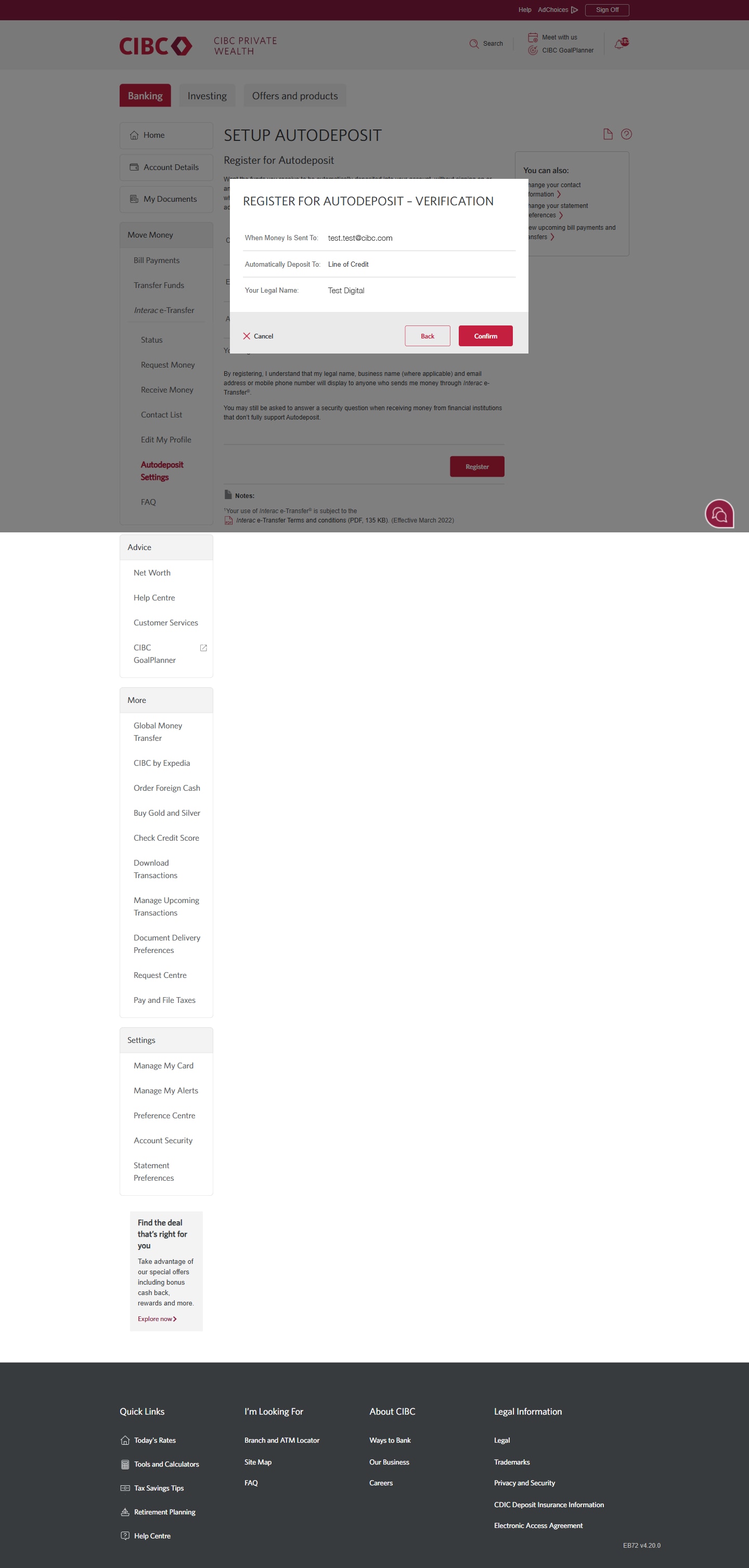 Demo screen 5: CIBC Online Banking autodeposit confirmation. A pulsing animation highlights the "Confirm" button.