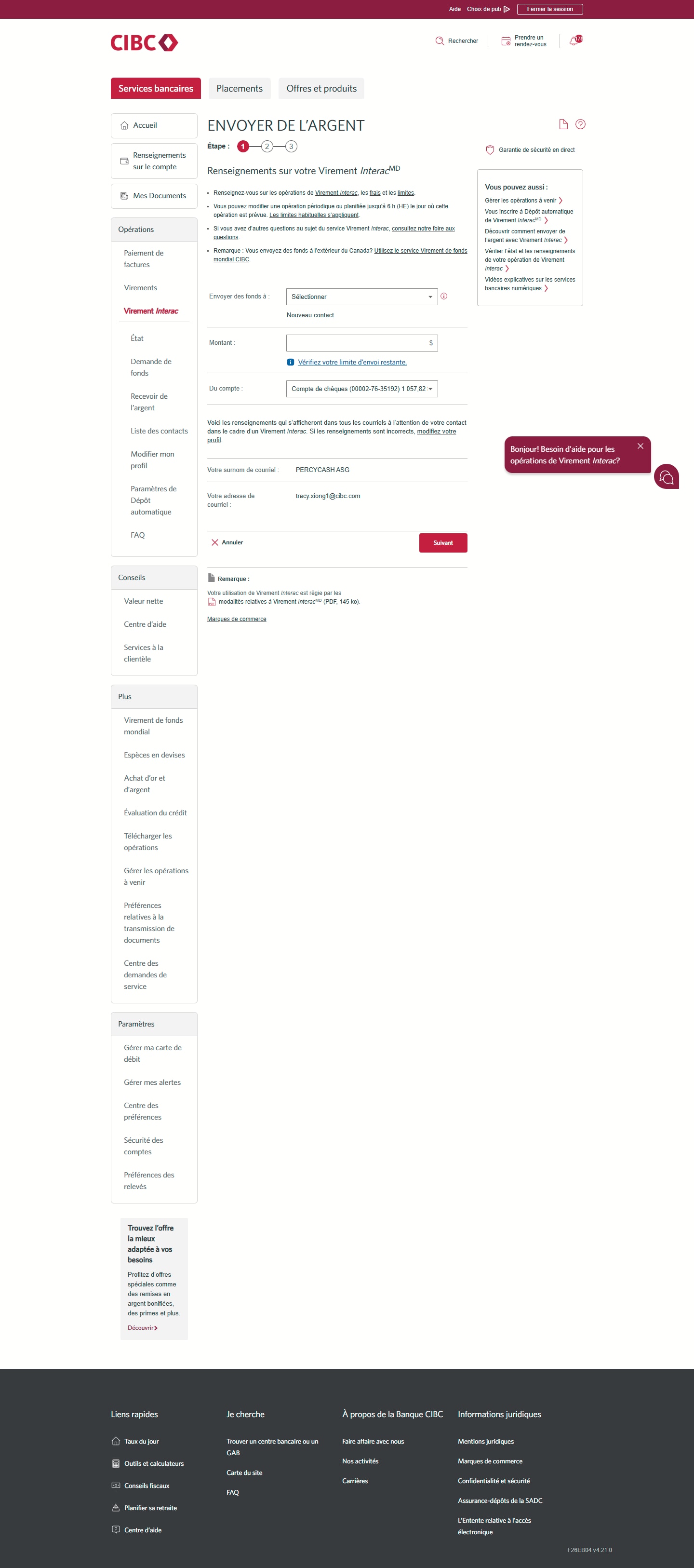 Écran 3 de la démonstration : Page Envoyer des fonds de Services bancaires CIBC en direct. Une animation dynamique met en évidence le lien Paramètres de dépôt automatique.