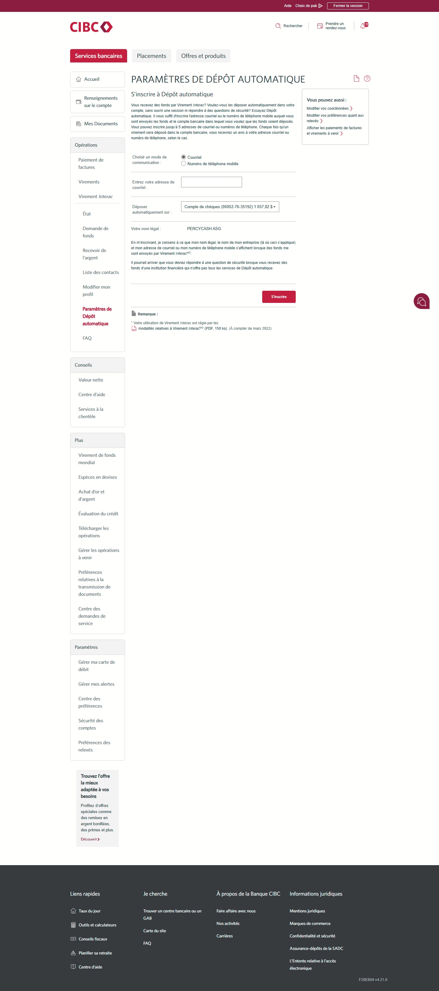 Écran 4 de la démonstration : Page de configuration du Dépôt automatique de Services bancaires CIBC en direct. Une animation dynamique met en évidence le bouton S’inscrire.