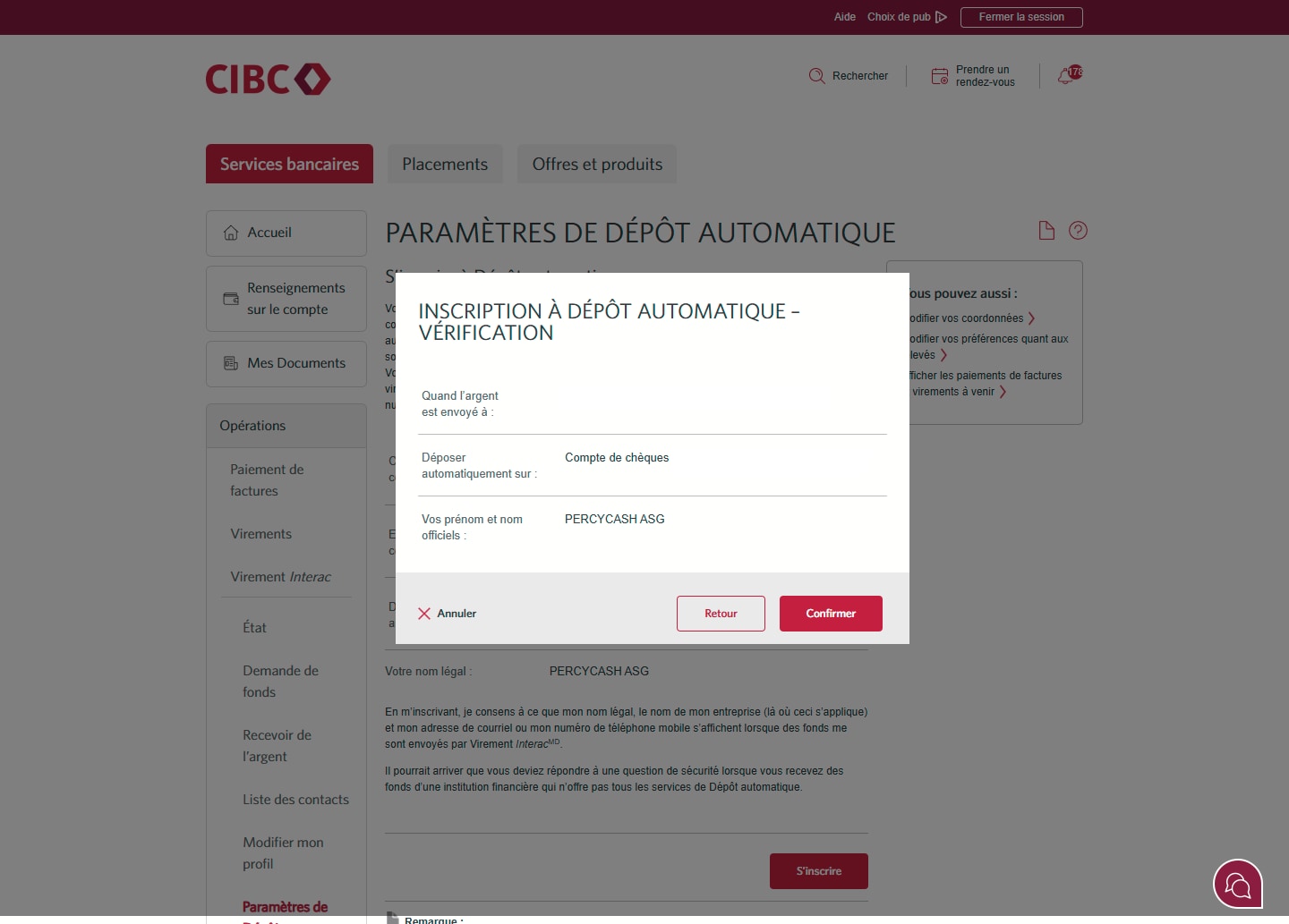 Écran 5 de la démonstration : Confirmation du Dépôt automatique dans Services bancaires CIBC en direct. Une animation dynamique met en évidence le bouton Confirmer.