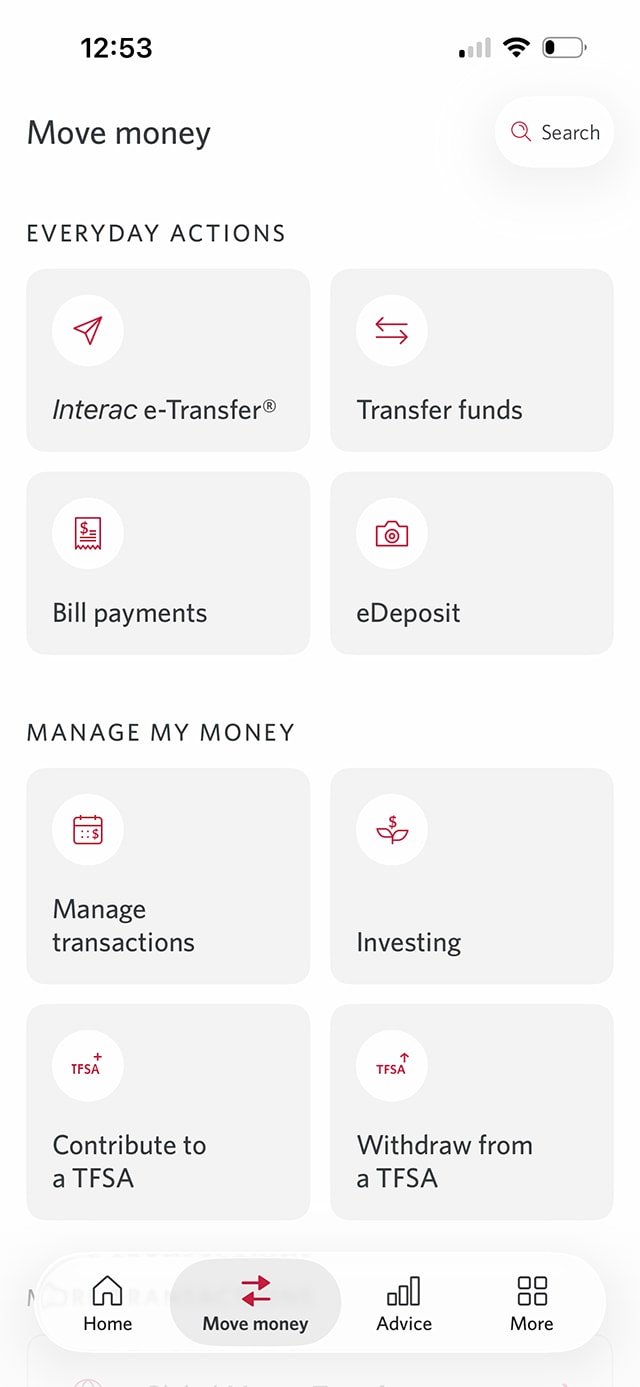 Demo screen 3: CIBC Mobile Banking App move money menu. A pulsing animation highlights the "Interac e-Transfer" tab.