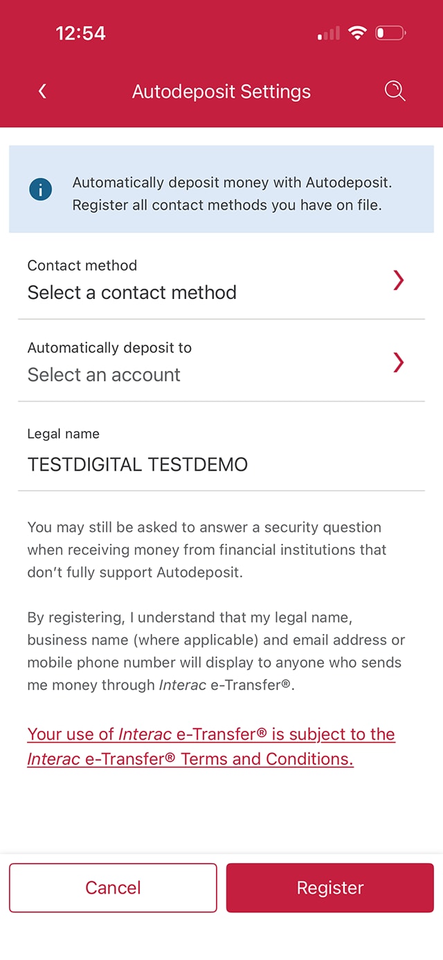 Demo screen 6: CIBC Mobile Banking App Interac e-Transfer settings page. A pulsing animation highlights the "Select a contact method" button.