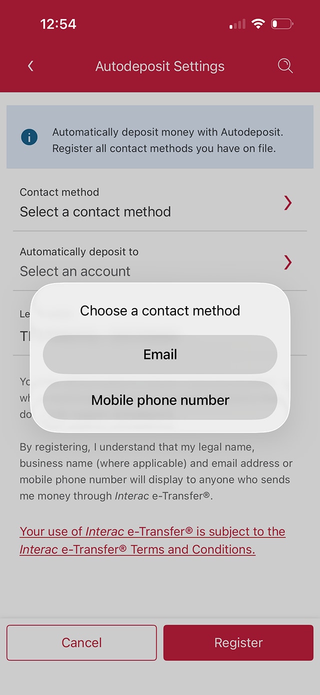 Demo screen 7: CIBC Mobile Banking App Interac e-Transfer settings contact method modal. A pulsing animation highlights the "Email" button.