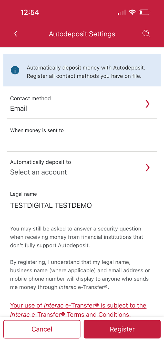 Demo screen 8: CIBC Mobile Banking App Interac e-Transfer settings contact method modal. A pulsing animation highlights the "automatically deposit to" button.