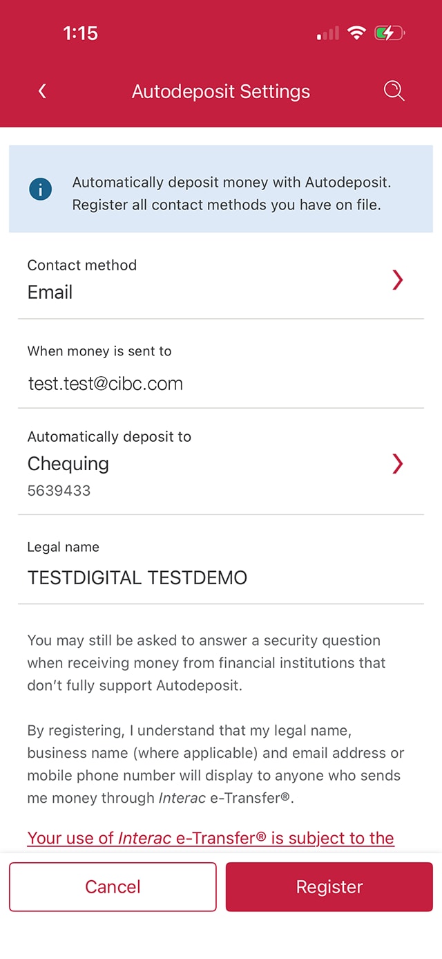 Demo screen 10: CIBC Mobile Banking App Interac e-Transfer settings. A pulsing animation highlights the "Register" button.