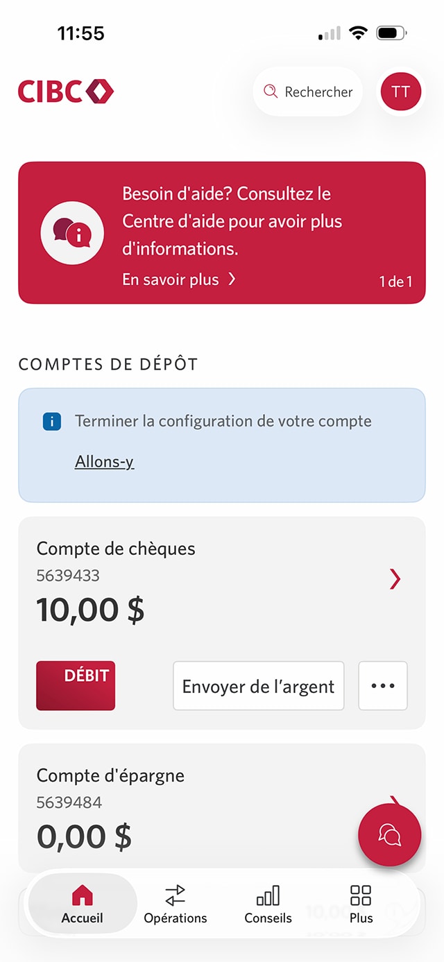 Écran 2 de la démonstration : Page d’accueil de l’application Services bancaires mobiles CIBC. Une animation dynamique met en évidence l’onglet Opérations.