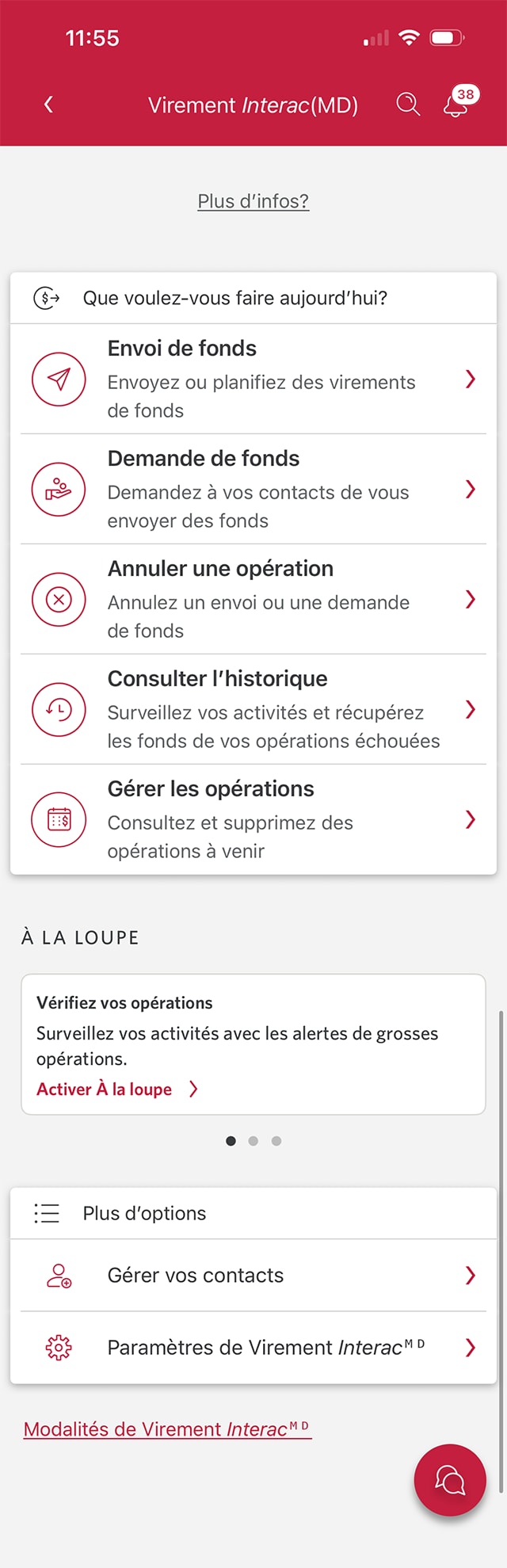 Écran 4 de la démonstration : Page des options de Virement Interac de l’application Services bancaires mobiles CIBC. Une animation dynamique met en évidence l’onglet Paramètres de Virement Interac.
