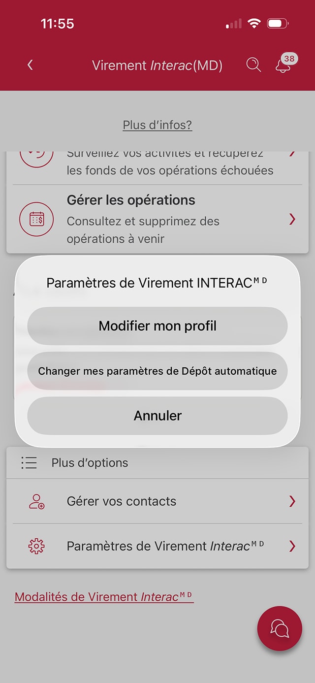 Écran 5 de la démonstration : Fenêtre modale des paramètres du service Virement Interac de l’application Services bancaires mobiles CIBC. Une animation dynamique met en évidence le bouton Modifier les paramètres de dépôt automatique.