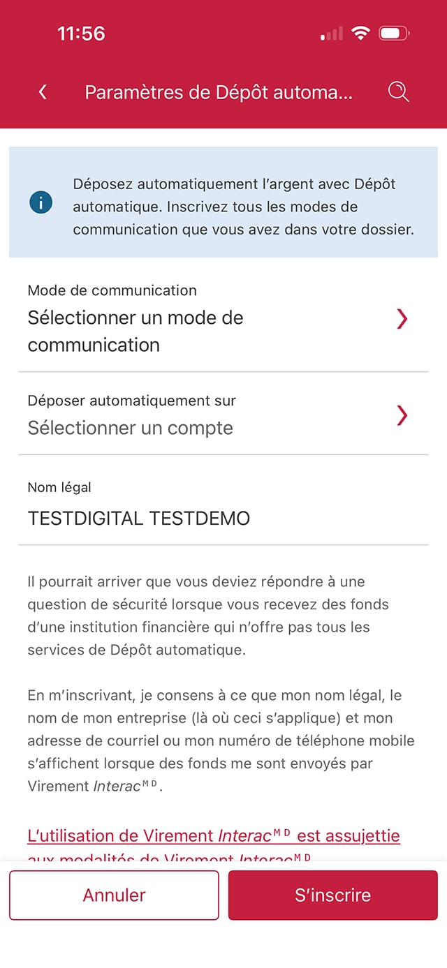 Écran 6 de la démonstration : Page des paramètres du service Virement Interac de l’application Services bancaires mobiles CIBC. Une animation dynamique met en évidence le bouton Sélectionner un mode de communication.