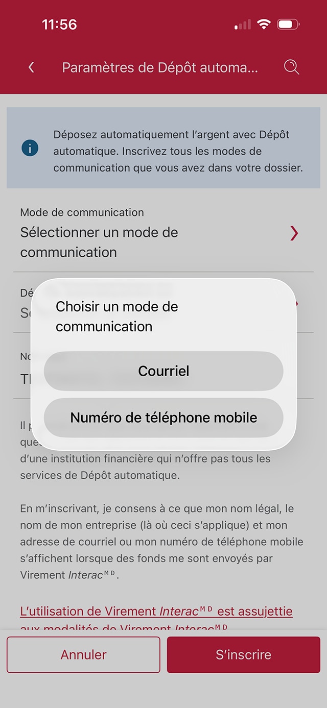 Écran 7 de la démonstration : Fenêtre modale du mode de communication dans les paramètres du service Virement Interac de l’application Services bancaires mobiles CIBC. Une animation dynamique met en évidence le bouton Courriel.