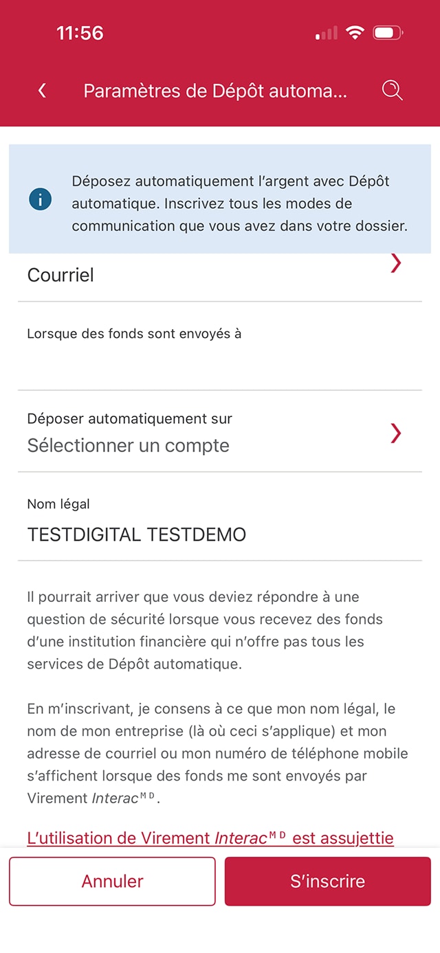 Écran 8 de la démonstration : Fenêtre modale du mode de communication dans les paramètres du service Virement Interac de l’application Services bancaires mobiles CIBC. Une animation dynamique met en évidence le bouton « Dépôt automatique à ».