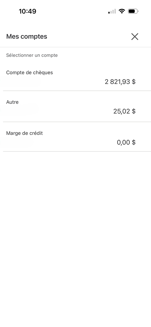 Écran 9 de la démonstration : Mes comptes, paramètres du service Virement Interac de l’application Services bancaires mobiles CIBC. Une animation dynamique met en évidence le bouton de fermeture pour fermer la fenêtre.