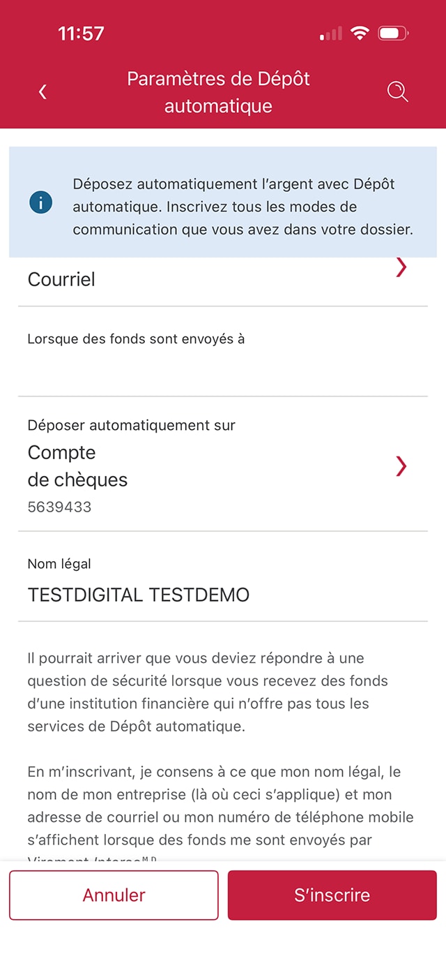 Écran 10 de la démonstration : Paramètres du service Virement Interac de l’application Services bancaires mobiles CIBC. Une animation dynamique met en évidence le bouton S’inscrire.
