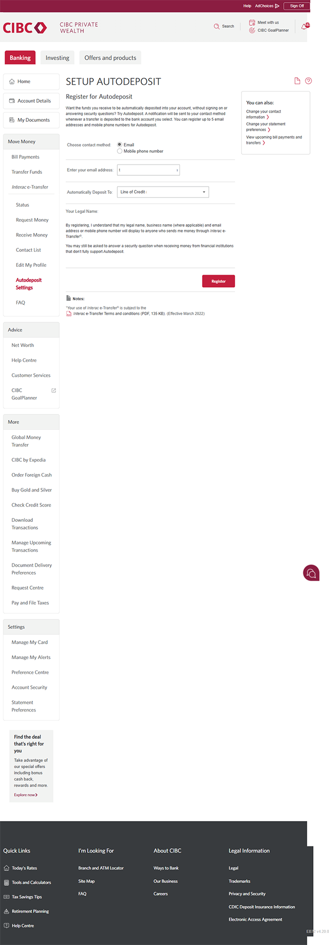 Demo screen 5: CIBC Online Banking setup auto deposit page. A pulsing animation highlights the "Register" button.