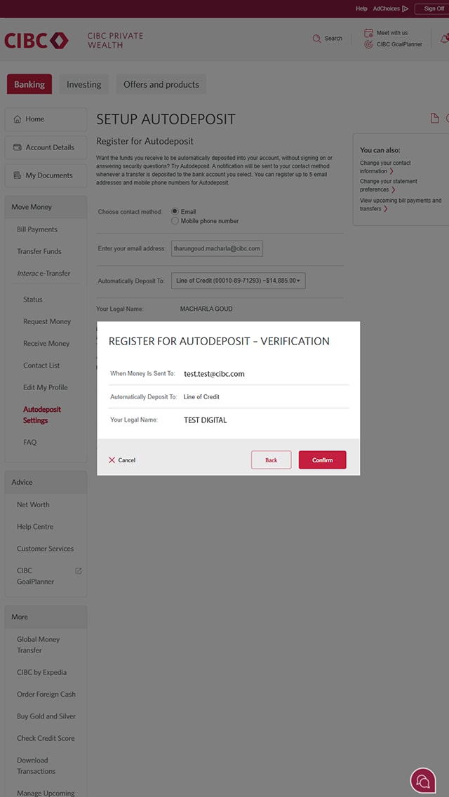 Demo screen 6: CIBC Online Banking autodeposit confirmation. A pulsing animation highlights the "Confirm" button.