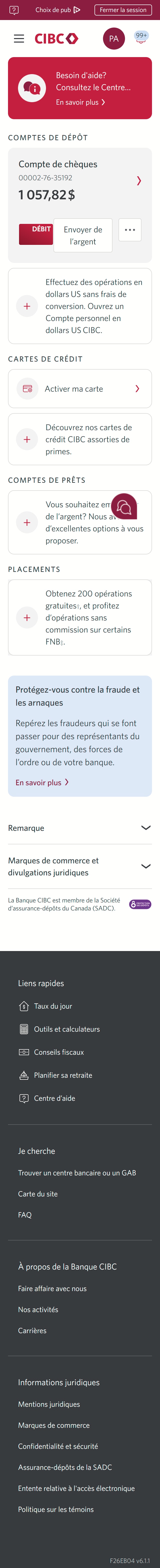 Écran  2 de la démonstration : Page d’accueil de Services bancaires CIBC en direct. Une animation en pulsation met en évidence le menu Plus d’options.