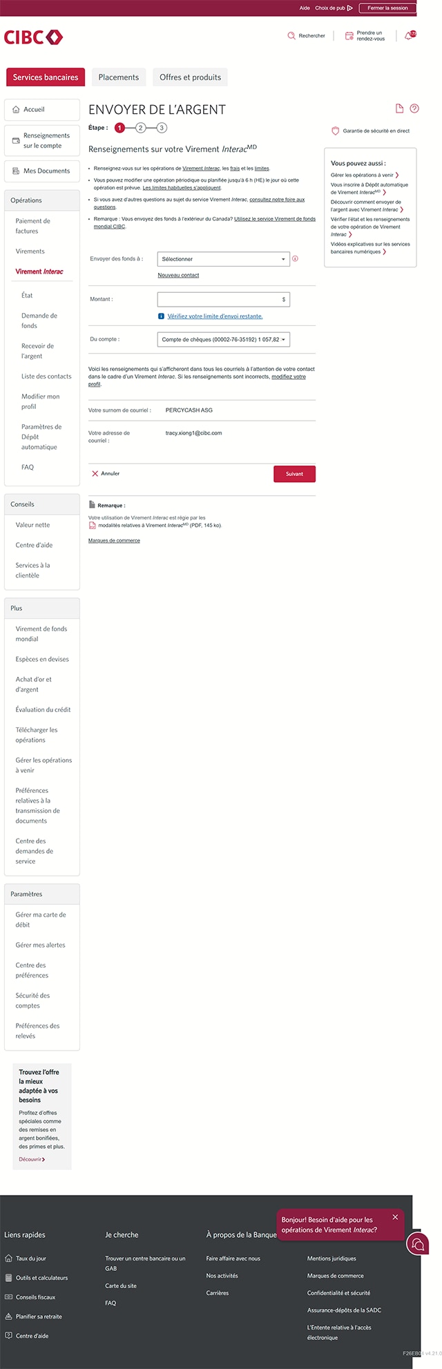 Écran 4 de la démonstration : Page Envoyer des fonds de Services bancaires CIBC en direct. Une animation dynamique met en évidence le lien Paramètres de dépôt automatique.