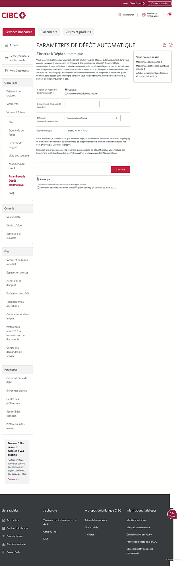 Écran 5 de la démonstration : Page de configuration du Dépôt automatique de Services bancaires CIBC en direct. Une animation dynamique met en évidence le bouton S’inscrire.