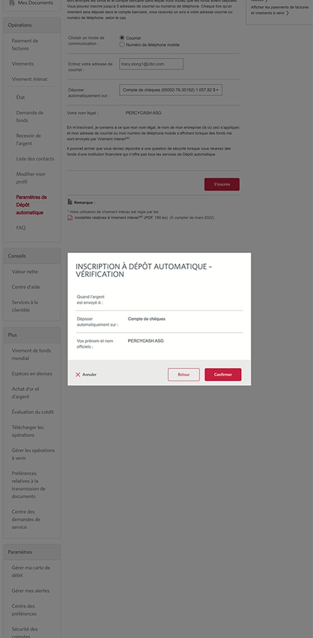 Écran 6 de la démonstration : Confirmation du Dépôt automatique dans Services bancaires CIBC en direct. Une animation dynamique met en évidence le bouton Confirmer.