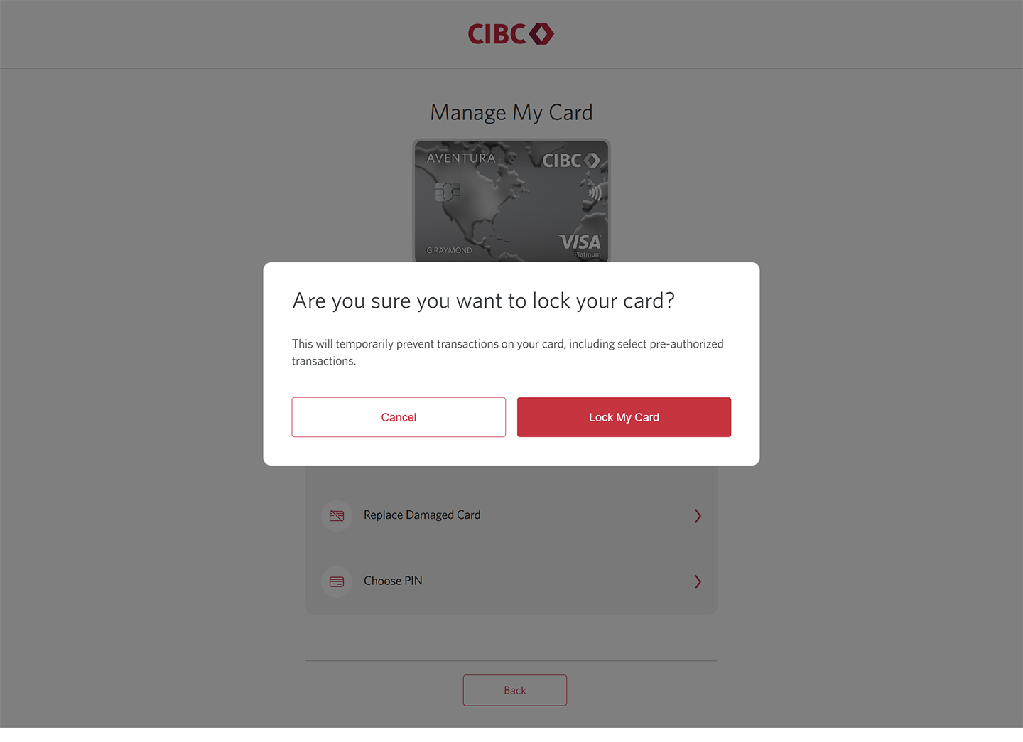 Demo screen 5: Dialog overlay asking to confirm your choice. A pulsing animation highlights the "Lock My Card" button.