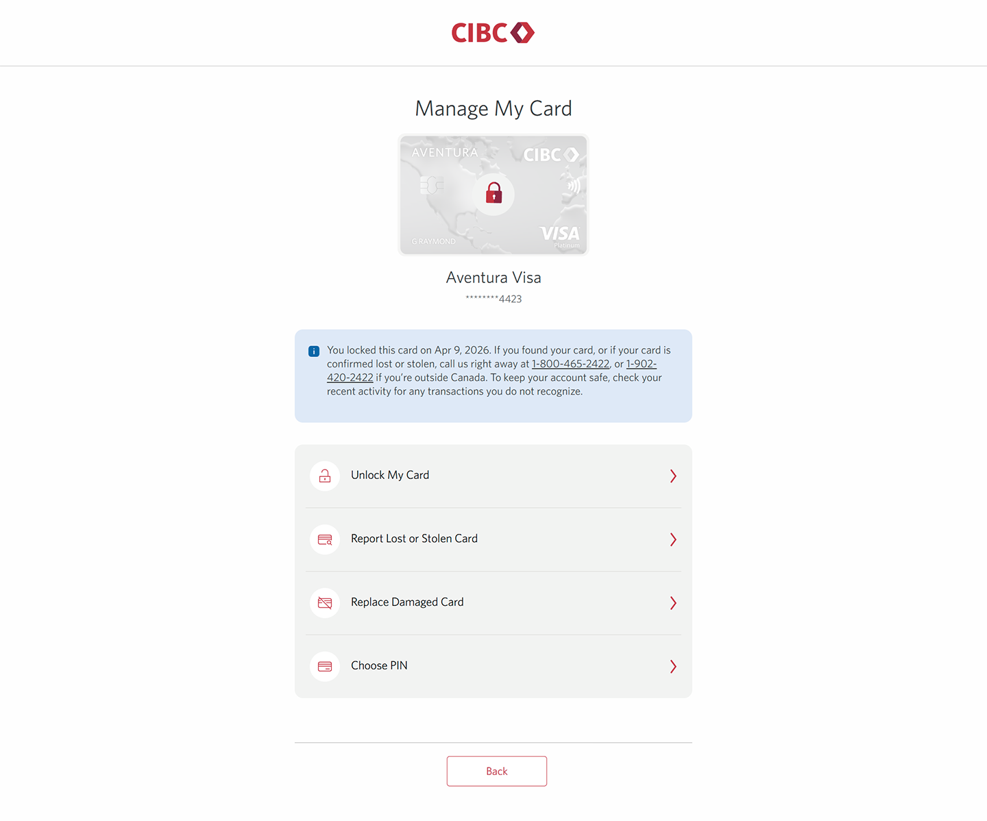 Demo screen 7: Manage My Card page. A pulsing animation highlights the "Unlock My Card" button on a list of actions.