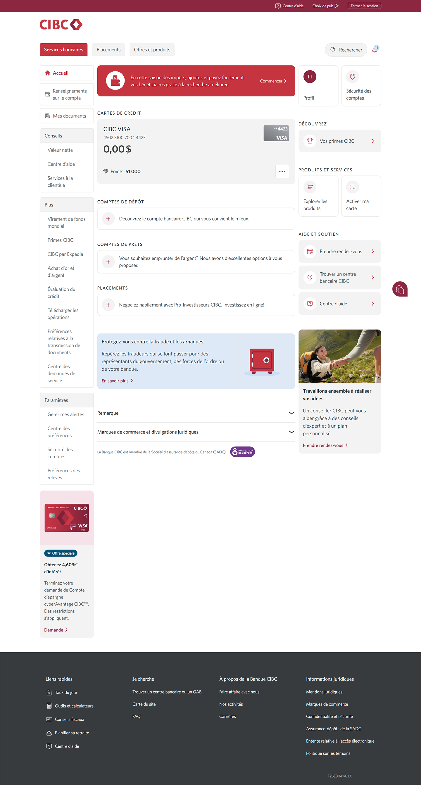 Écran 2 de la démonstration : Page d’accueil de Services bancaires CIBC en direct. Une animation dynamique met en évidence le bouton « Plus d’options » pour une carte de crédit.