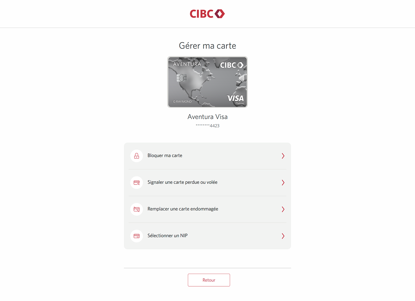Écran 4 de la démonstration : Page Gérer ma carte pour une carte. Une animation dynamique met en évidence le bouton « Bloquer ma carte » dans une liste d’actions.