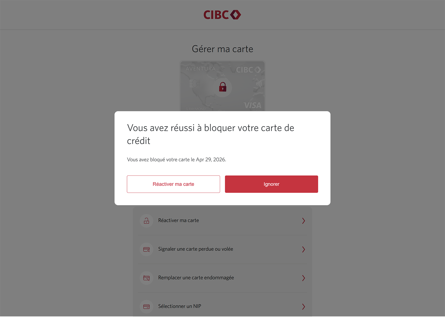 Écran 6 de la démonstration : Boîte de dialogue superposée avec un message de confirmation. Une animation dynamique met en évidence le bouton Ignorer.