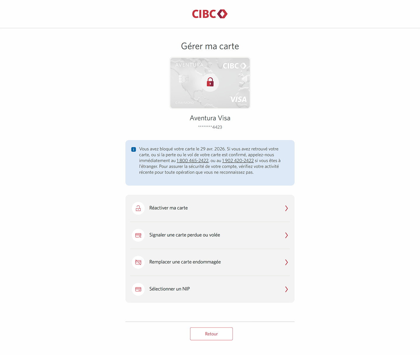 Écran 7 de la démonstration : Page Gérer ma carte. Une animation dynamique met en évidence le bouton « Réactiver ma carte » dans une liste d’actions.