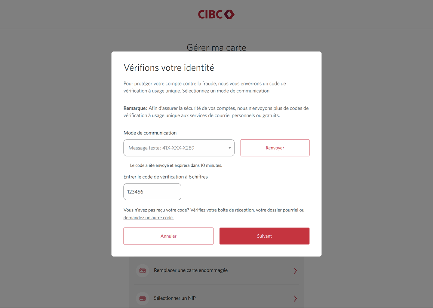 Écran 9 de la démonstration : Boîte de dialogue superposée avec un formulaire pour confirmer l’identité. Une animation dynamique met en évidence le bouton Suivant.