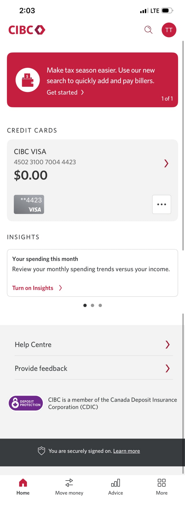 Demo screen 2: CIBC Mobile Banking App homepage. A pulsing animation highlights the "More options" button for a credit card.
