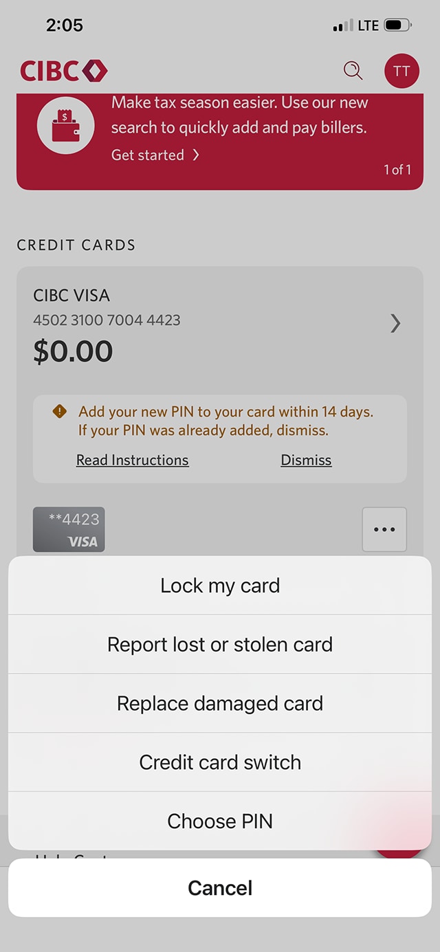 Demo screen 3: CIBC Mobile Banking App homepage with a menu overlay. A pulsing animation highlights the "Lock my card" button.
