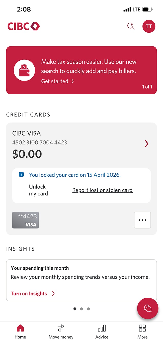 Demo screen 5: CIBC Mobile Banking App homepage with a confirmation message. A pulsing animation highlights the "Unlock my card" link.