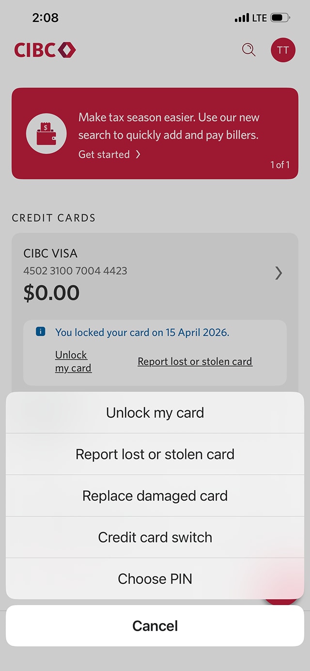 Demo screen 6: CIBC Mobile Banking App homepage with a menu overlay. A pulsing animation highlights the "Unlock my card" button.