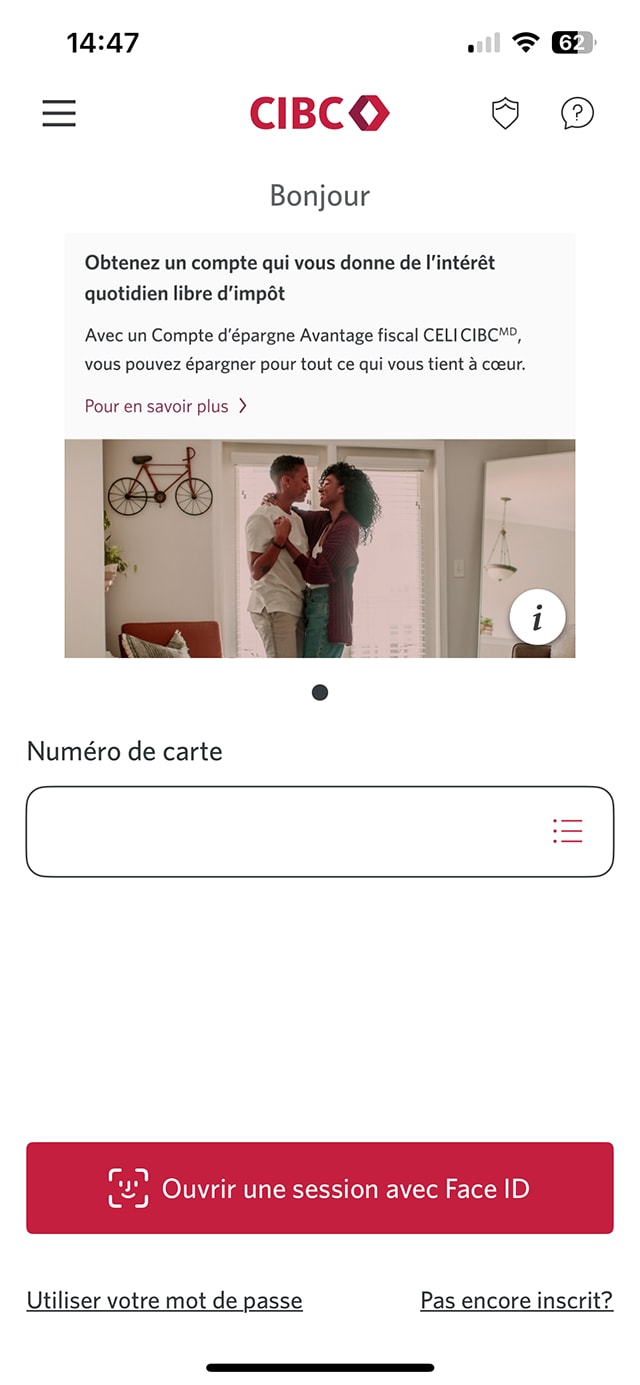 Écran 1 de la démonstration : Écran d’ouverture de session de l’application Services bancaires mobiles CIBC. Une animation dynamique met en évidence le bouton d’ouverture de session.