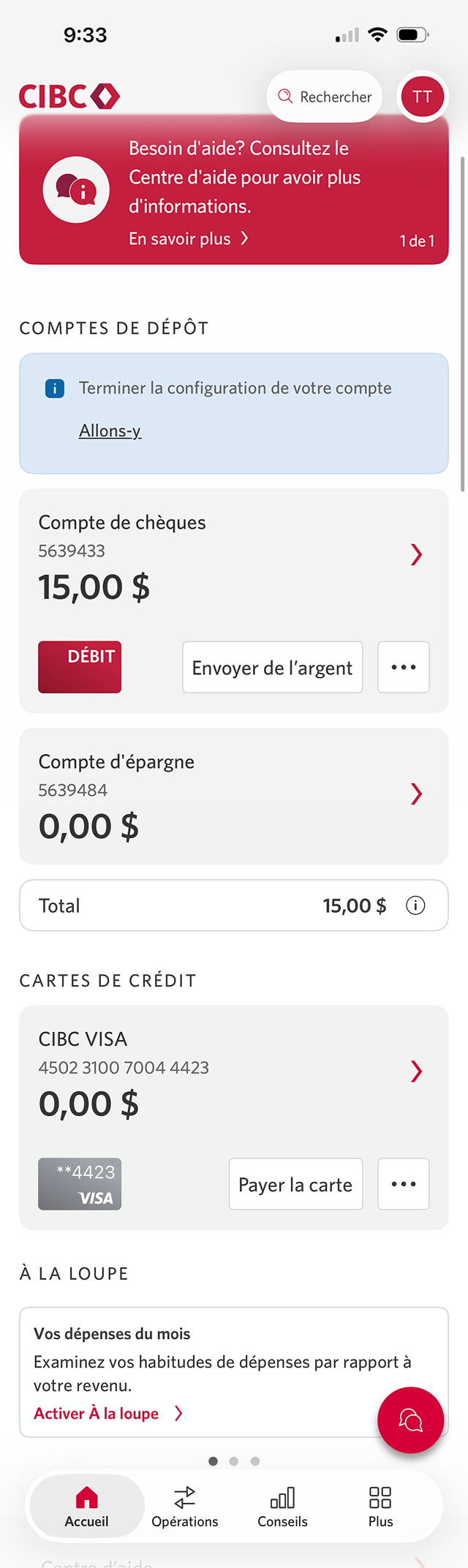 Écran 2 de la démonstration : Page d’accueil de l’application Services bancaires mobiles CIBC. Une animation dynamique met en évidence le bouton « Plus d’options » pour une carte de crédit.