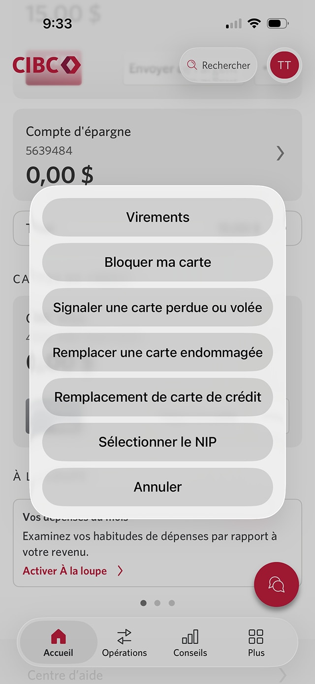 Écran 3 de la démonstration : Page d’accueil de l’application Services bancaires mobiles CIBC avec un menu superposé. Une animation dynamique met en évidence le bouton Bloquer ma carte.