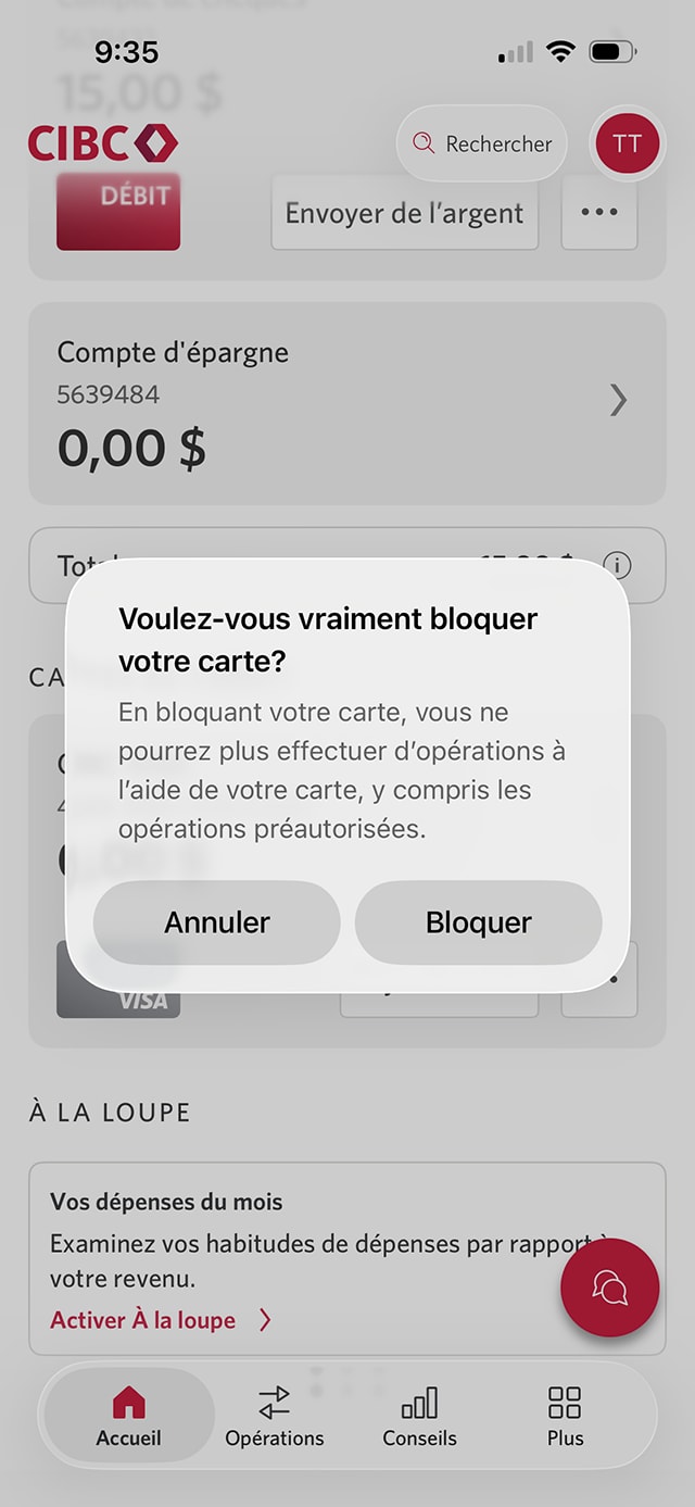 Écran 4 de la démonstration : Boîte de dialogue superposée vous demandant de confirmer votre choix. Une animation dynamique met en évidence le bouton Bloquer.