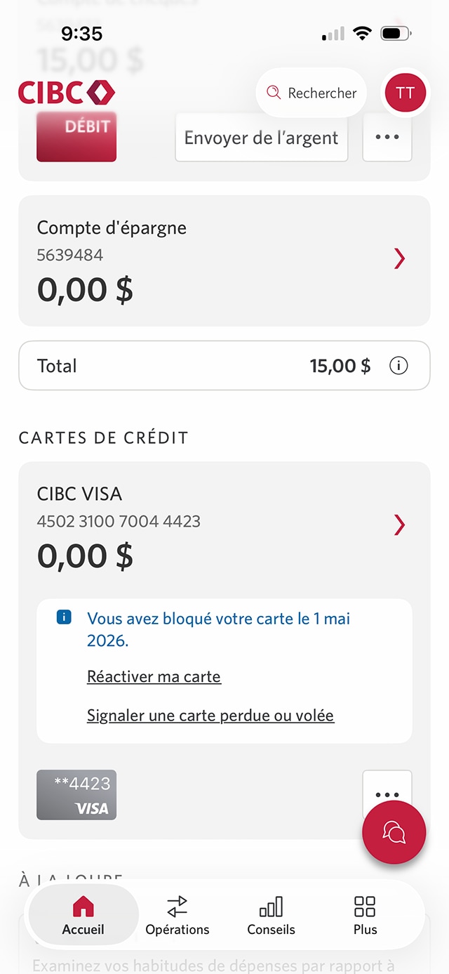 Écran 5 de la démonstration : Page d’accueil de l’application Services bancaires mobiles CIBC avec un message de confirmation. Une animation dynamique met en évidence le lien Réactiver ma carte.