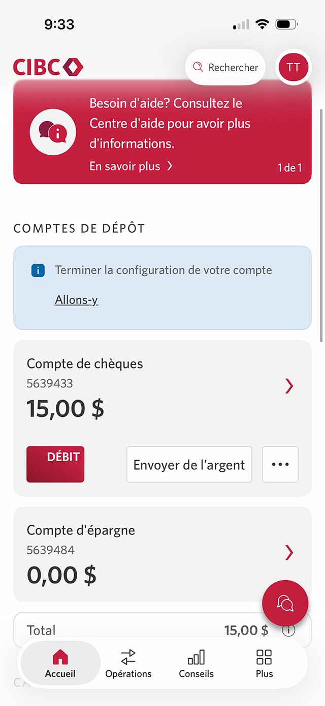 Écran 8 de la démonstration : Page d’accueil de l’application Services bancaires mobiles CIBC.