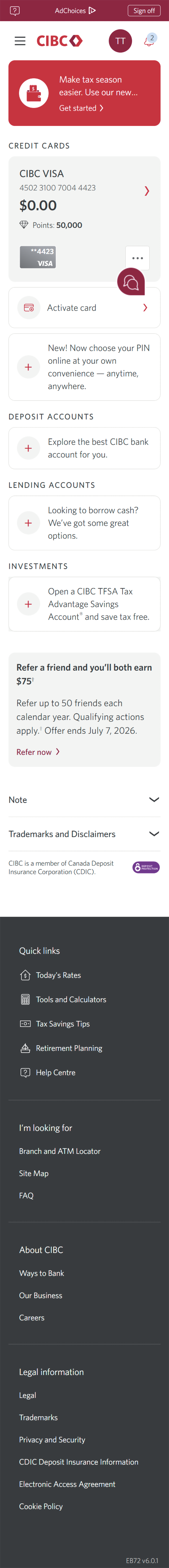 Demo screen 2: CIBC Online Banking homepage. A pulsing animation highlights the "More options" button for a credit card.