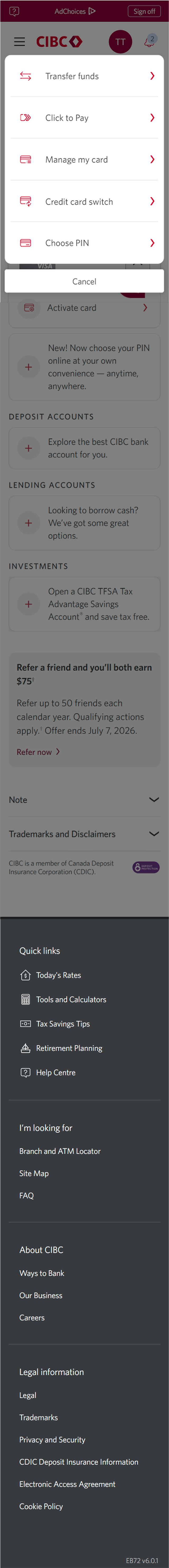 Demo screen 3: CIBC Online Banking homepage with a dropdown list. A pulsing animation highlights the "Manage my card" link.