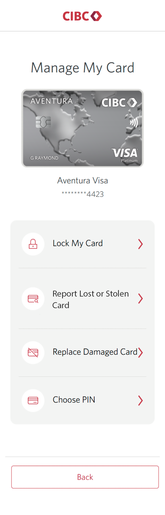 Demo screen 4: Manage My Card page for a card. A pulsing animation highlights the "Lock My Card" button on a list of actions.