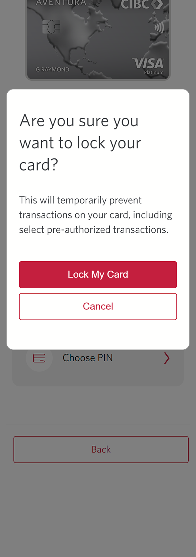Demo screen 5: Dialog overlay asking to confirm your choice. A pulsing animation highlights the "Lock My Card" button.