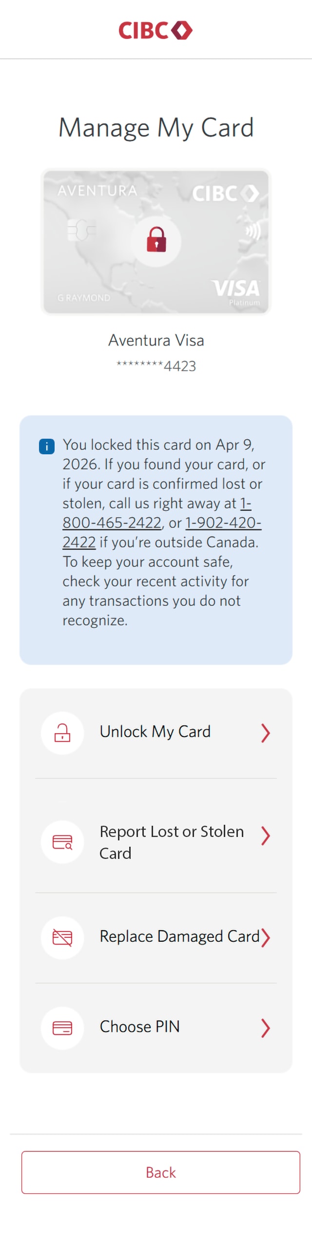 Demo screen 7: Manage My Card page. A pulsing animation highlights the "Unlock My Card" button on a list of actions.