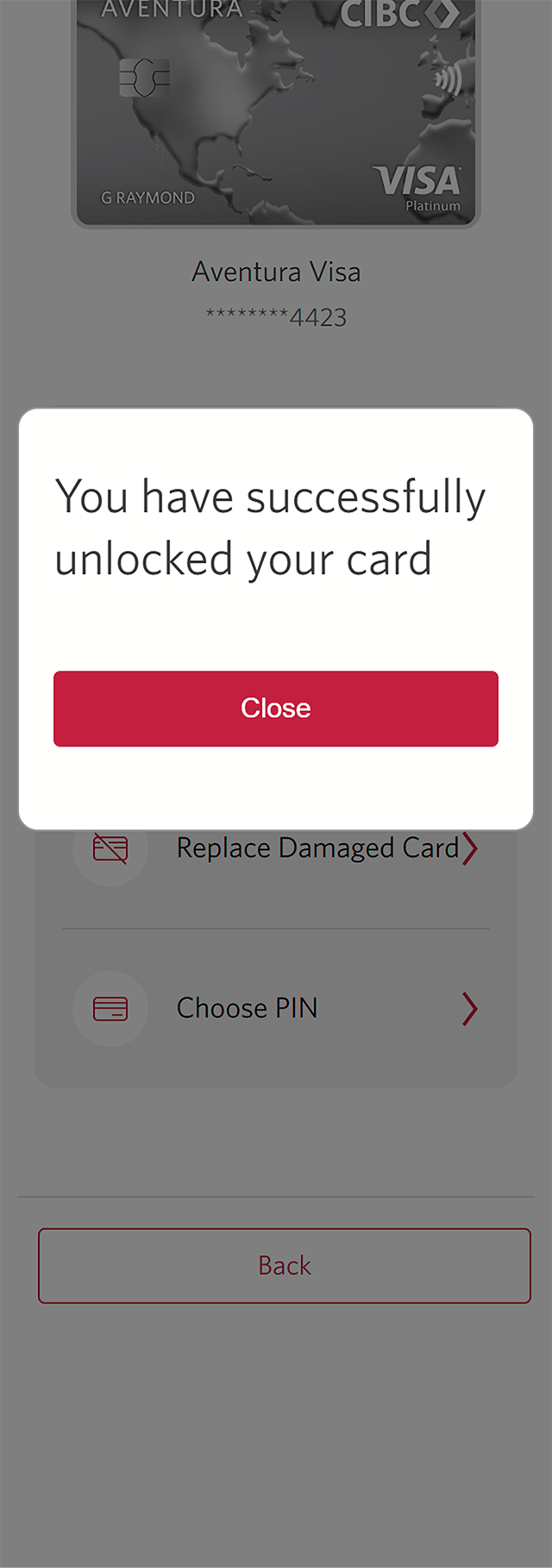 Demo screen 10: Dialog overlay with a confirmation message. No pulsing animation.